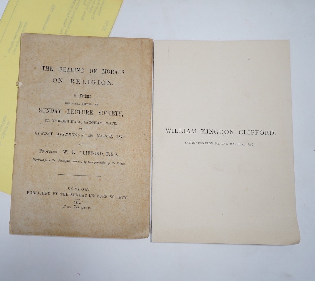 Clifford, William Kingdon - Lectures and Essays, edited by Leslie Stephen and Frederick Pollock, 2 vols, 1st edition, engraved portrait frontispiece and mounted photographic portrait frontispiece, 8vo, cloth, split to re